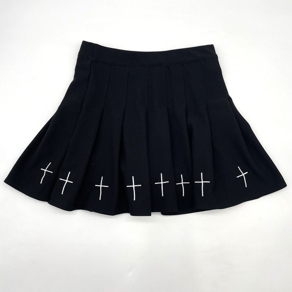 XMM Goth Cheer Black Stretch High Waisted Pleated Crosses Mini Skort S 12.5"x14" - Picture 1 of 16